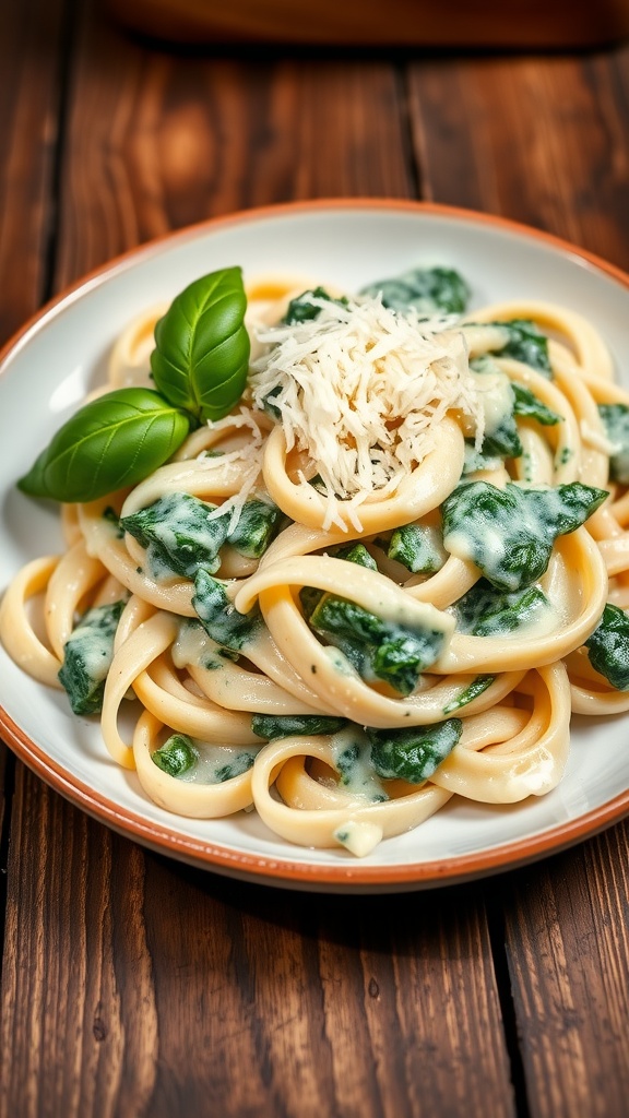 Creamy spinach and ricotta pasta garnished with Parmesan and basil on a rustic table.